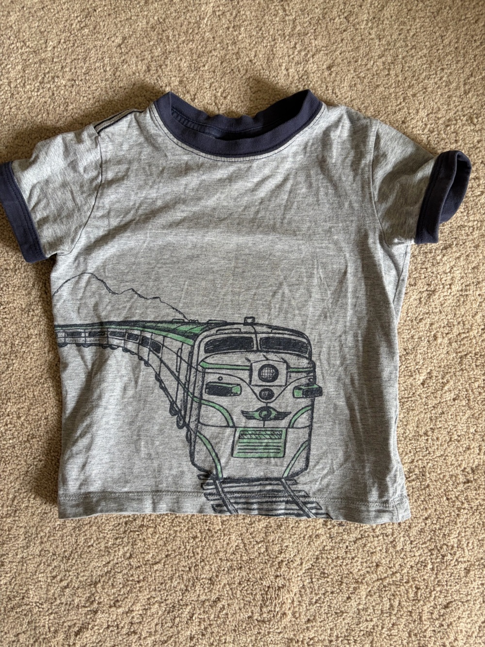 Hanna Andersson Gray Tee with Navy Trim and Green Train Graphic